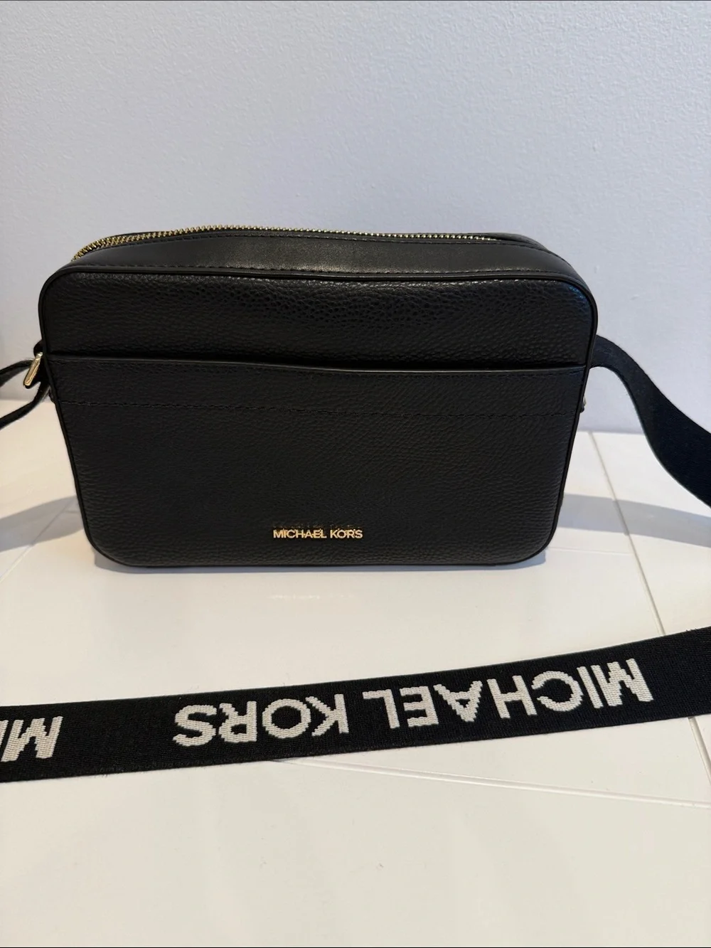 Michael Kors Black Pebbled Leather Crossbody with Logo Strap